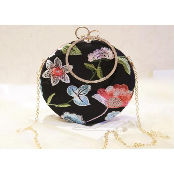 Quality Ladies Round Shape Black Embroidered Evening Bag With Crystal Handle wholesale