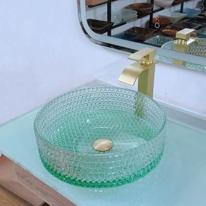 Diamond Shape Crystal Glass Vessel Sinks Table Top Wash Basin Green Bottom
