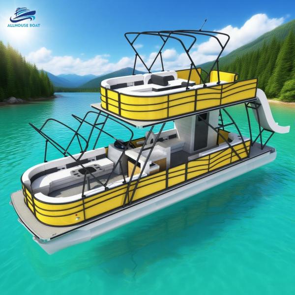 Quality 30FT Double Layer Luxury Yellow Pontoon Boat with Slide, Bar, Restroom, Shower, Party Lighting for Sale wholesale