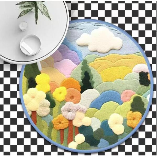 Circular Rainbow Children'S Room Carpet 3D Effect Cartoon Cloud Decorated Carpet