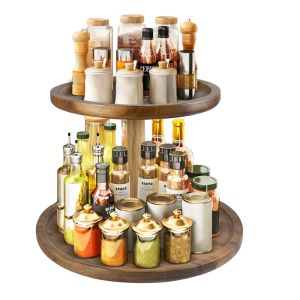 Standing Type 2 Tier Natural Bamboo Lazy Susan Turntable Organizer for Modern