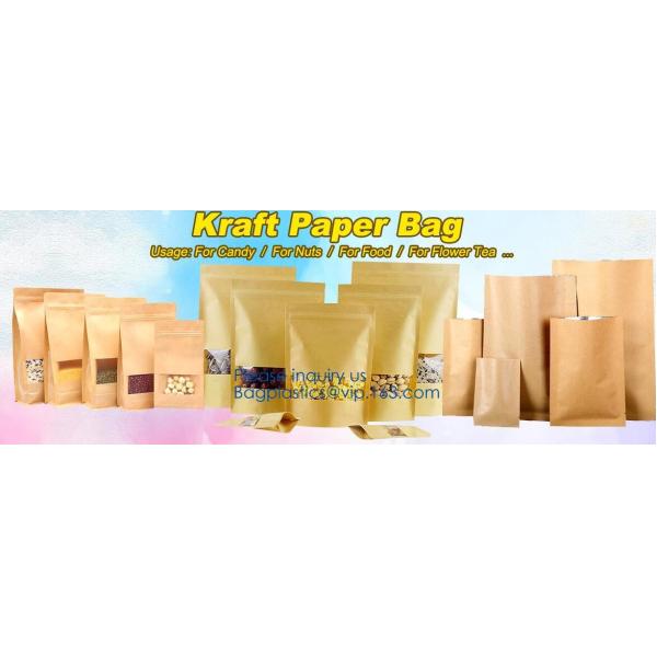 Natural Kraft Paper Flat Bottom Standup Pouch / Food Packaging Bags With Window,Foil Lined Standup Kraft Paper Envelopes