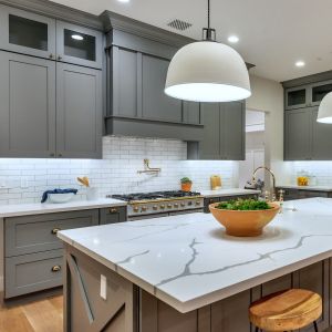 Matte Gray Lacquer Modular Kitchen Cabinets With Island American Shaker Style