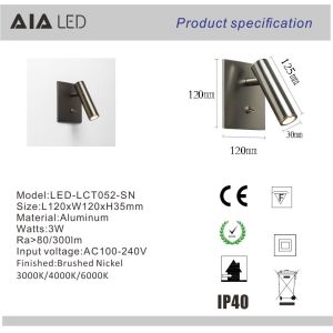 Simple recessed mounted knob switch 3W led wall lamp bed wall reading light for