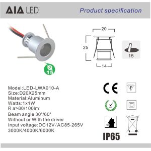 1W mini recessed mounted indoor LED dwonlight led spotlight for showcase used