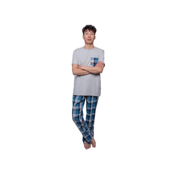 Quality Short Sleeve Long Pant Cotton Checked Pyjamas / Nightwear , Solid Top Checkered Pjs wholesale