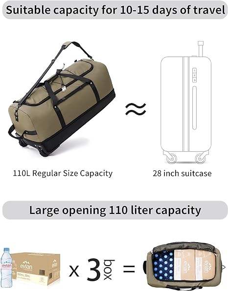 Large Capacity Expandable Foldable Travel Duffle Bag Rolling Gym Bag 115-140Litres