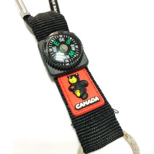 Short Lanyard Black Carabiner Key Chain With PVC Bear Compass 20 x 160 mm