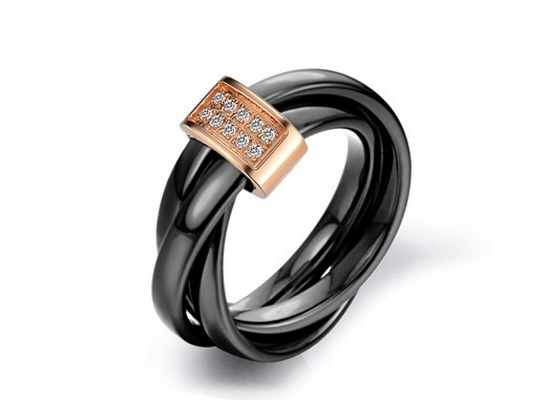 Tricyclic diamond ring wrapped around the fingers of black ceramic space