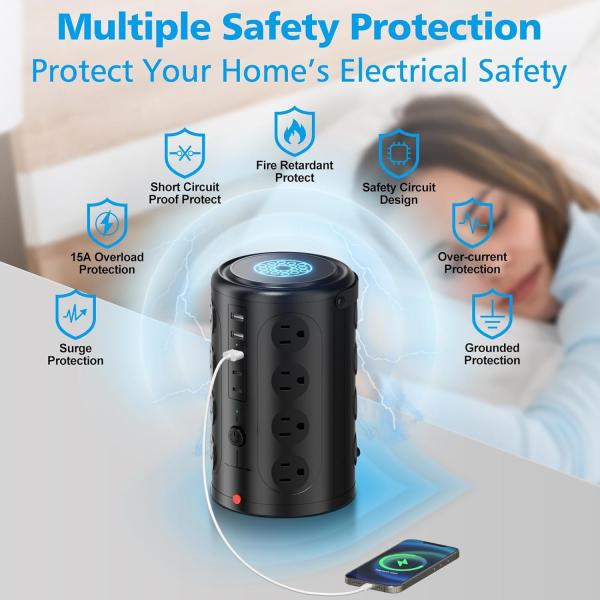 6FT Extention Cord Tower Power Strip With 16 Outlets And 5 USB Ports Surge Protector