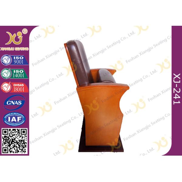 Brown Leather Low Back Auditorium Chairs With Self Weight Retracting Seat