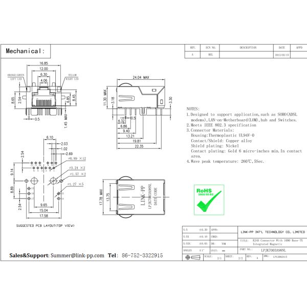 Ethernet Network Low-Profile RJ45 Jack Gigabit Tab-Up With LEDs