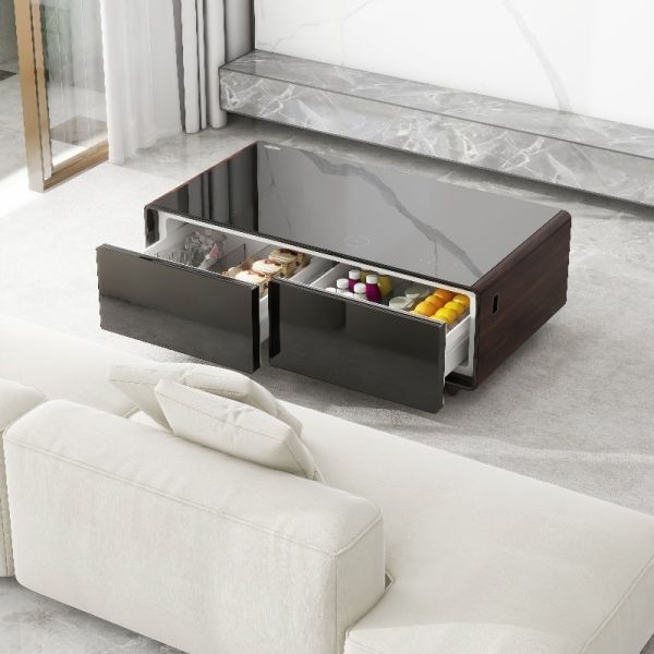 Metal Frame Glass Coffee Table with Multifunction Mini Fridge Freezer and USB