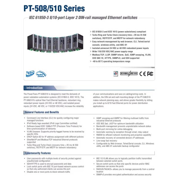 8/10 Ports Layer 2 Managed DIN-Rail Industrial Ethernet Switch Moxa PT-508 /PT-510 Series switch