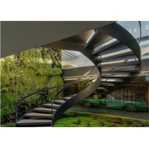 700 - 1800mm Width Curved Wooden Staircase With Tempered Glass Railing