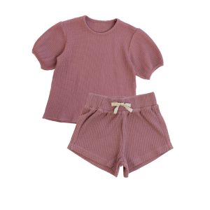 2 PCS Waffle Short Puff Sleeve Tshirts 100% Cotton 6T Casual