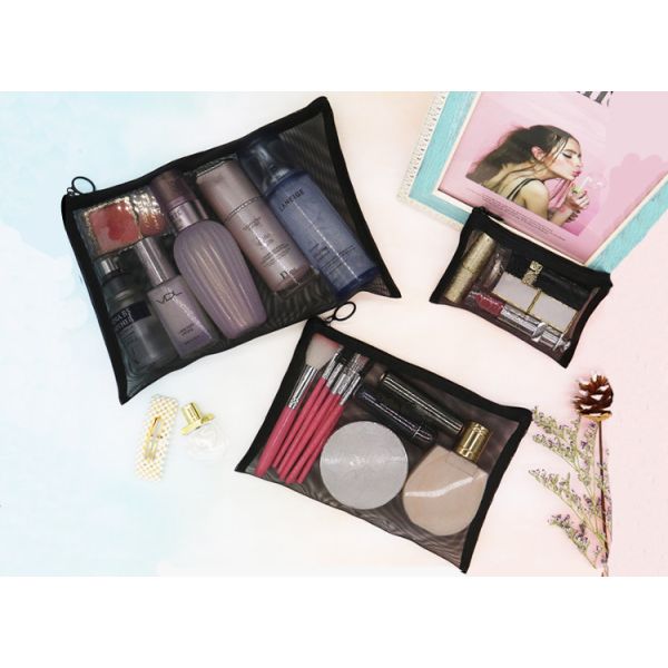 Quality Simple small portable different capacity mesh and lace material pouch cosmetic makeup bag wholesale