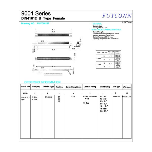 2 rows 64P Press Pin Euro DIN 41612 Connector Female Solderless Eurocard Connector