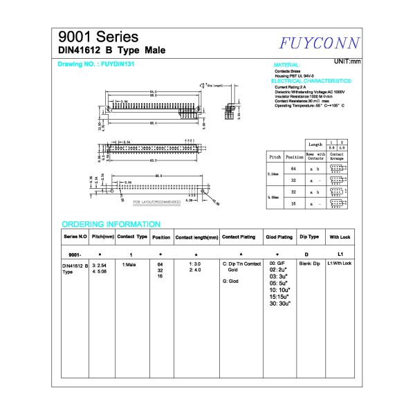 2 rows 2x32P 64PIN DIN 41612 Connector Right Angle PCB Plug Eurocard Male Connector