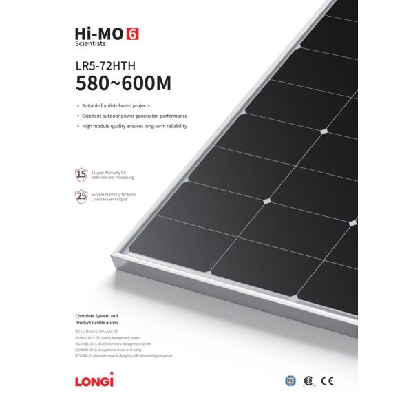 LONGI Mono Pv Modules 580W 600W Hi-Mo