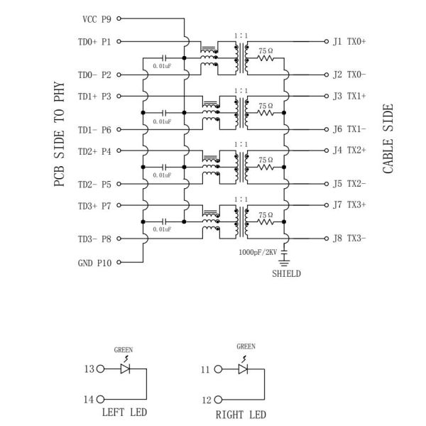 HFJV1-1G06-L11RL Gigabit RJ45 Vertical MagJack 1000 Base-T Green/Green LED LPJD0717BFNL