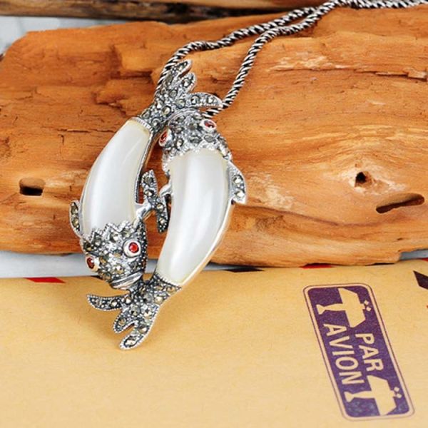 Thai 925 Silver Double Fishes White Opal Pendant with Sterling Silver Chain (N11066WHITE)
