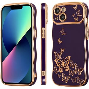 iPhone 13 girl phone case, curly wave frame, luxury plated butterfly pattern,
