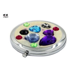 Small Iron Compact Magnifying Mirror , Colorful Shiny Crystal Jewelled Compact