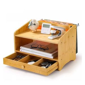 Standing Type Non-folding Rack Bamboo Desk Organizer with Drawer and Storage