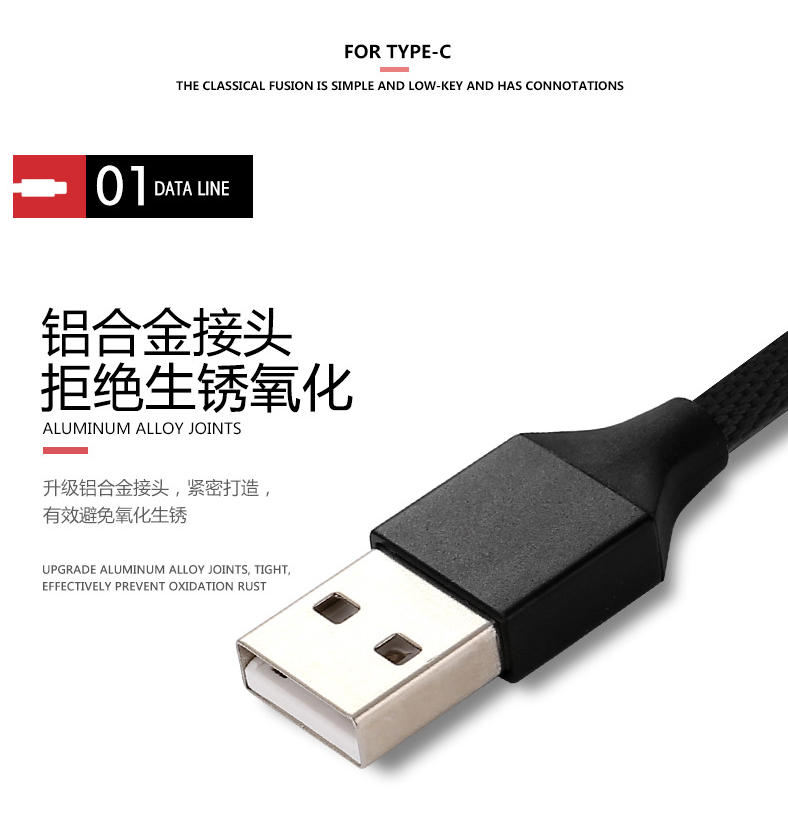 2.4A Fast Charging USB Type C Tinned Copper Nylon Braided Data Cable For Sumsang / Huawei Mobiles