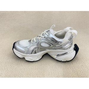 Women silver leather sneakers with script and breathable mesh upper lacing