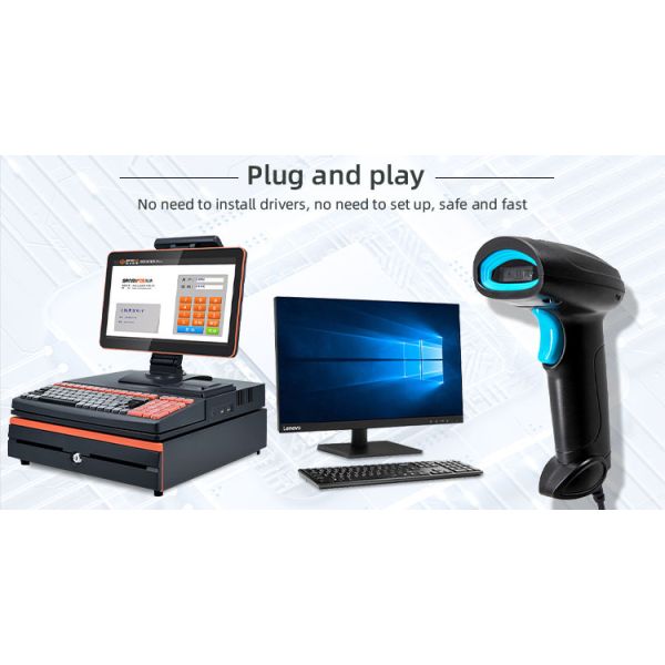 Red LED Light Source 1D Barcode Scanner with Hands Free Scanning and Adjustable Stand