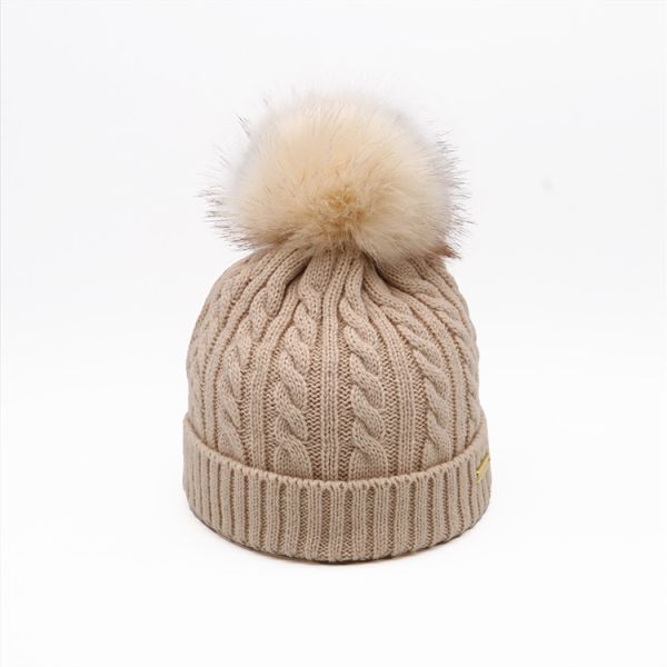 Quality Embroidery Unisex Knit Beanie Hats In White Chunky Cable Knit Pompom Soft Warm Hat wholesale