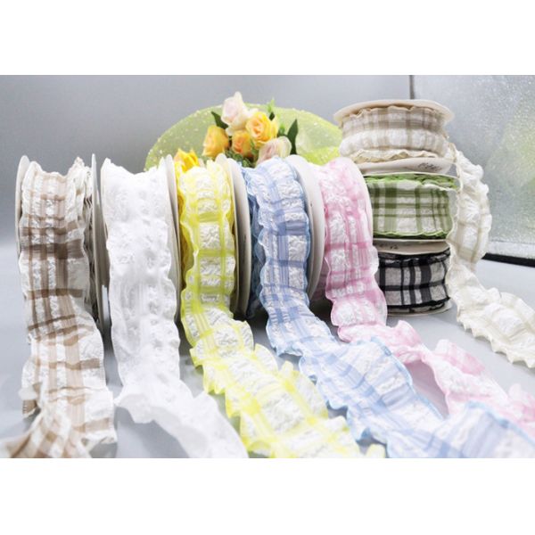 Quality Washable Japanese and Korean Style Puff Wrinkle Grid Band Hair Accessories Packaging Flower Bow Swimming Edge Grid Ribbon Handmade wholesale