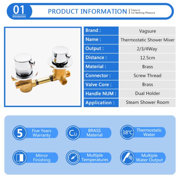 Distance 12.5CM Bathroom Fixtures And Fittings / 38 Degree Thermostatic Shower Mixer Valve