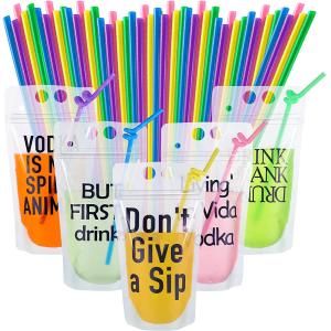 Party Beverage Drink Pouch With Straws Novelty Funny Translucent Zipper Plastic