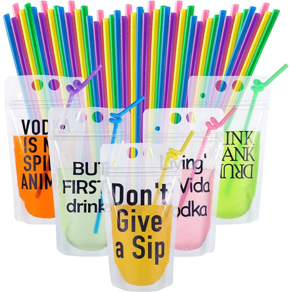 Party Beverage Drink Pouch With Straws Novelty Funny Translucent Zipper Plastic