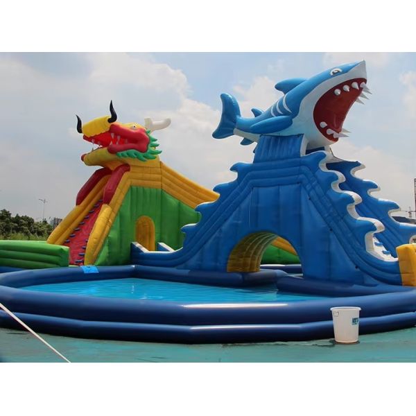 14*18m Inflatable Water Park with 1200w Blower and 1-20 People Capacity Dragon Shark Slide and Large Swimming Pool