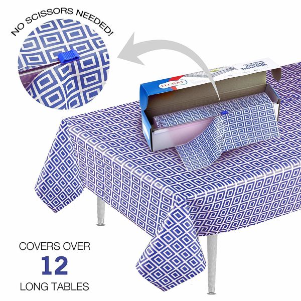 Quality Blue Picnic Disposable Plastic Table Skirts , Party Tablecloth Roll With Self Cutter Box wholesale