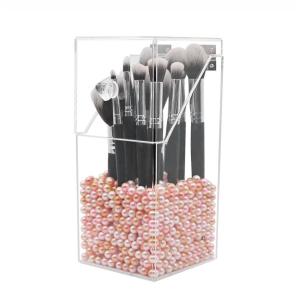 Covered Makeup Brush Holder with Dustproof Lid, Pearls Beads, Large Capacity