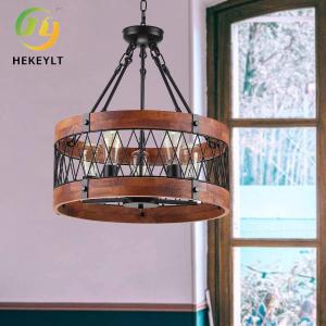 China American Retro Five Head Round Wood Chandelier Modern Simple Living Room Bedroom Hotel Pendant Light on sale