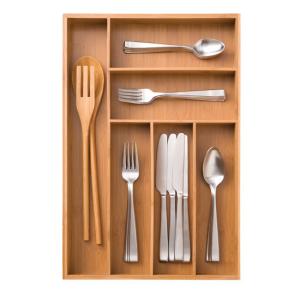 Bamboo Flatware Wood Tray Organizer No Adjustable With 6 Compartment
