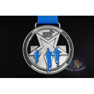 2D Silver Design Running Race Medals , Custom Insert Medals With Blue Enamel