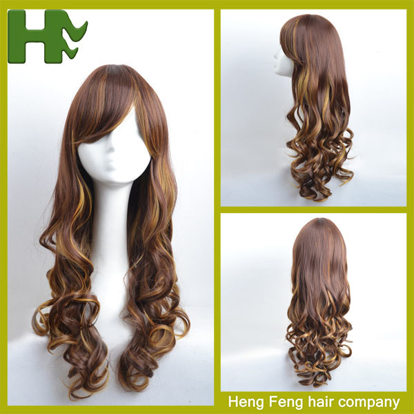 White Women 26'' Long Wavy Synthetic Hair Wigs Body Wave Side Part With Bangs