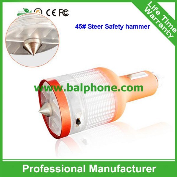 2.1A New 4 in 1 Car charger Colourful USB charging with safety hammer LED light