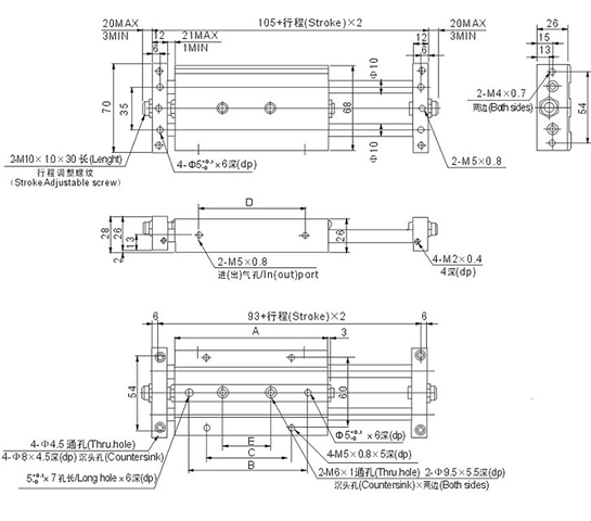 Double Acting Slide Table Pneumatic Air Cylinder With Cushion Shock Absorber