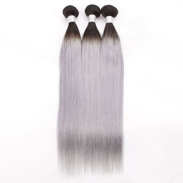 Quality 1B / Silver Grey Ombre Straight Malaysian Hair Extensions No Shedding wholesale