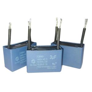 Cheap 2 Wire Blue Air Conditioner Fan Capacitor CBB61 450V 3.0mfd With 30 Line Length for sale