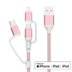 3 in 1 Lightning Micro USB type C Charging Cable, nylon braided, C89 MFi