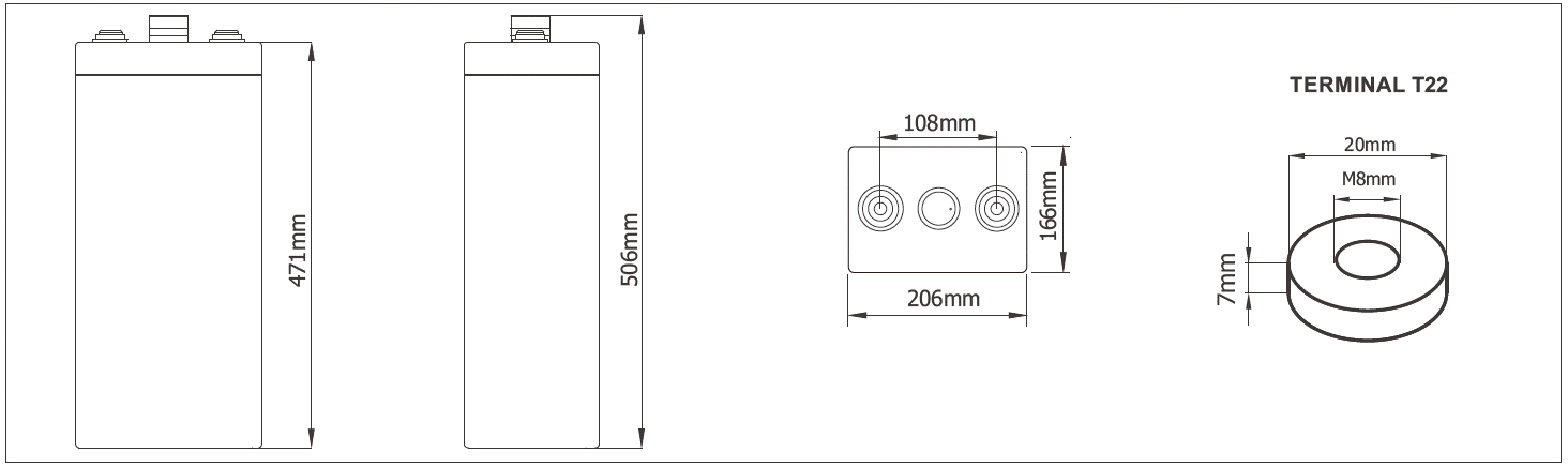 2V 500AH OPzV Deep Cycle Battery Gel For Telecom L166mm X W206mm X H506mm